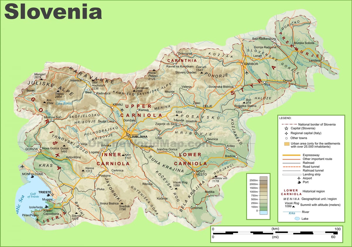 Žemėlapis Slovėnija fizinio