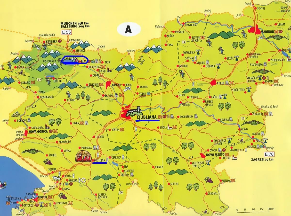 Žemėlapis Slovėnija lankytinos vietos