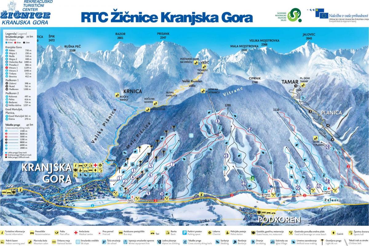Žemėlapis Slovėnijos slidinėjimo kurortai